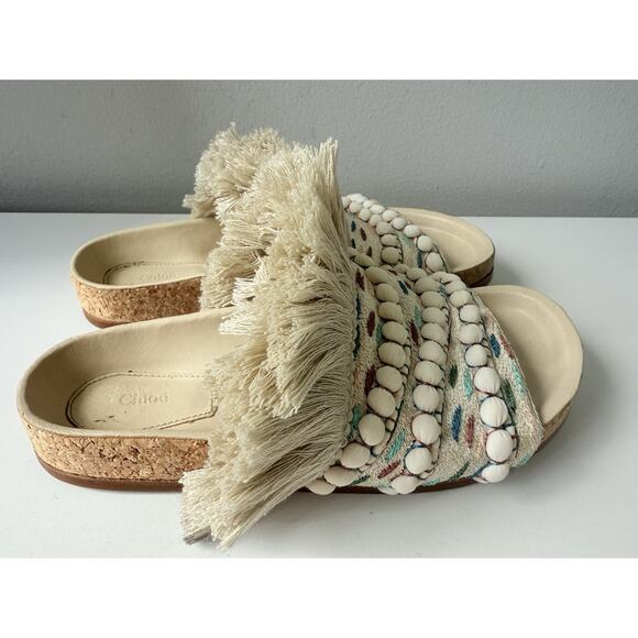 Chloé Nolan Tapestry Fringe Slides Sandals Size 36 Beige Boho Raffia Beaded Trim - Picture 4 of 14